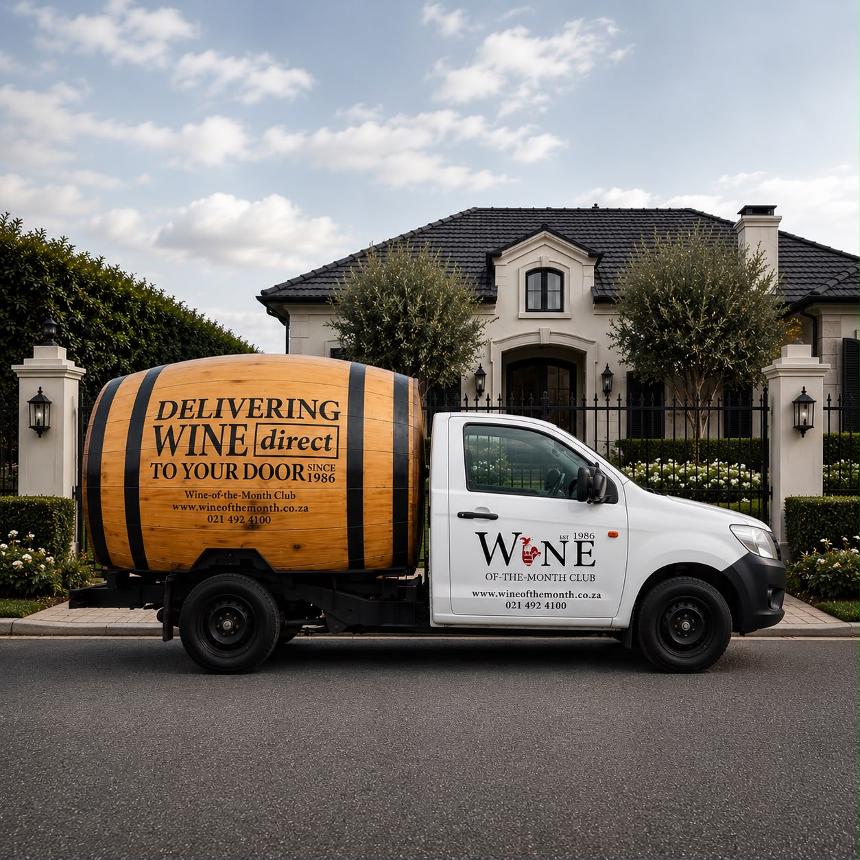 Wine-of-the-Month Club delivery vehicle outside a home