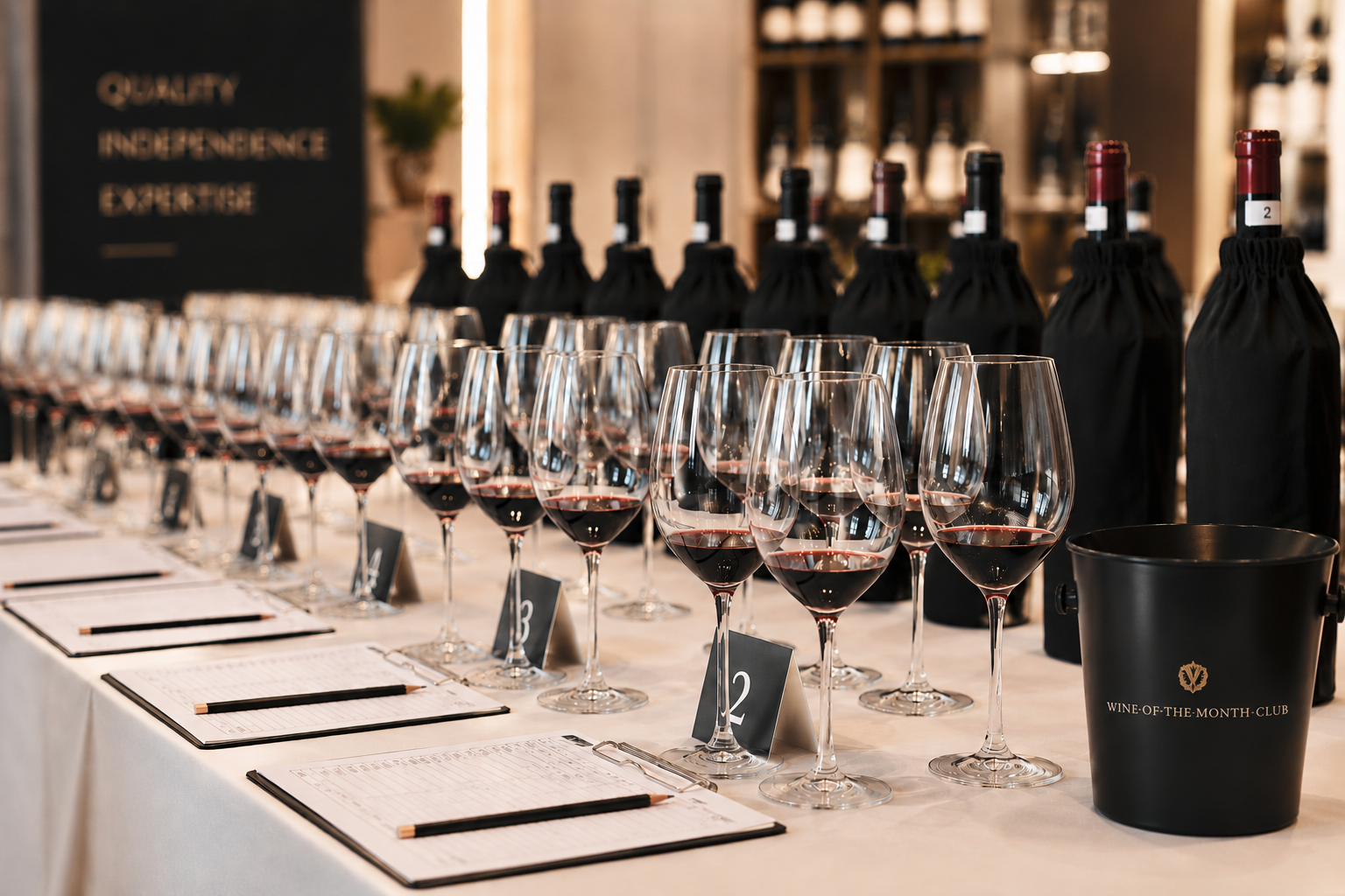Panel tasting setup with wine glasses and bagged bottles