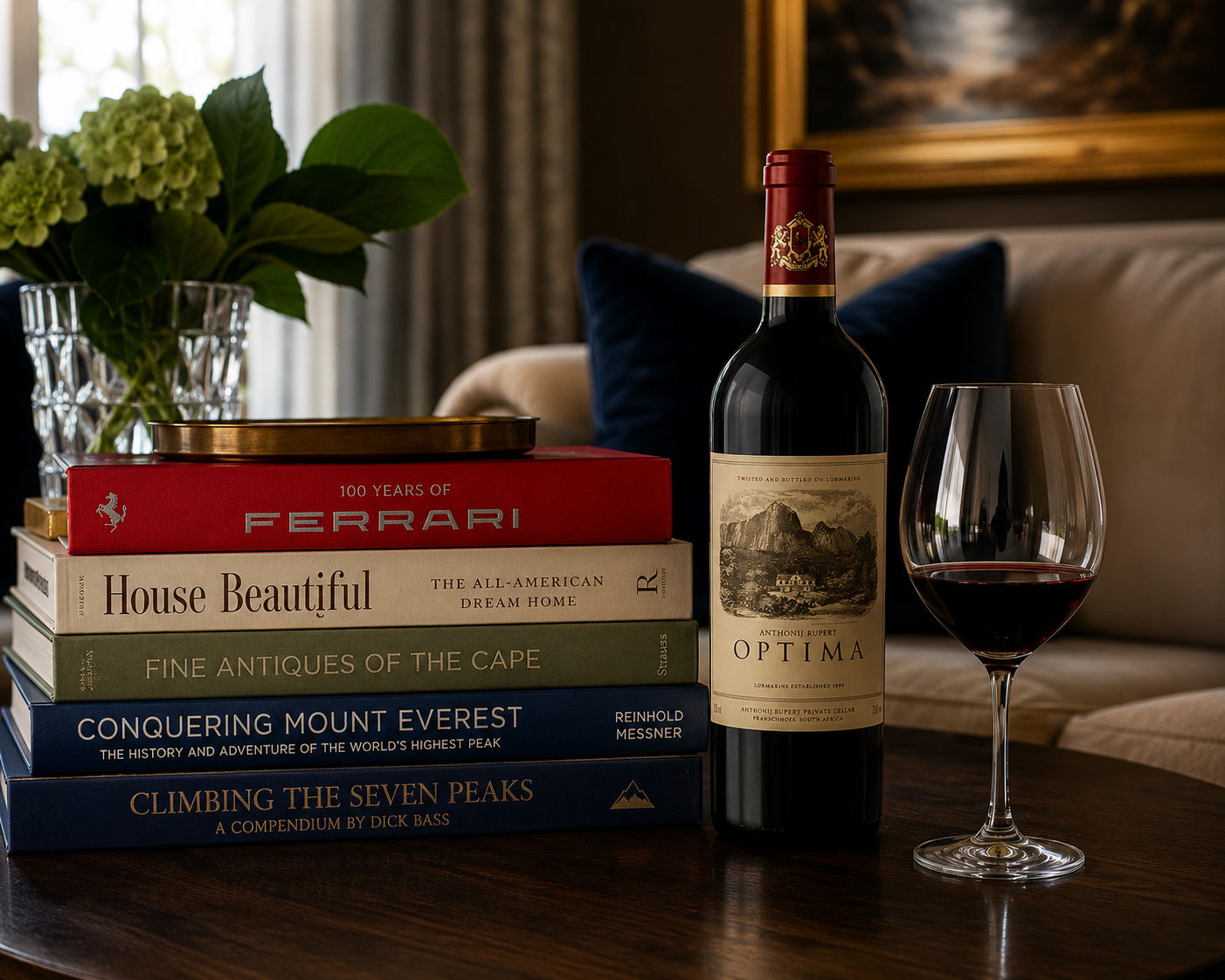 Classic Plan Optima bottle with wine glass and books