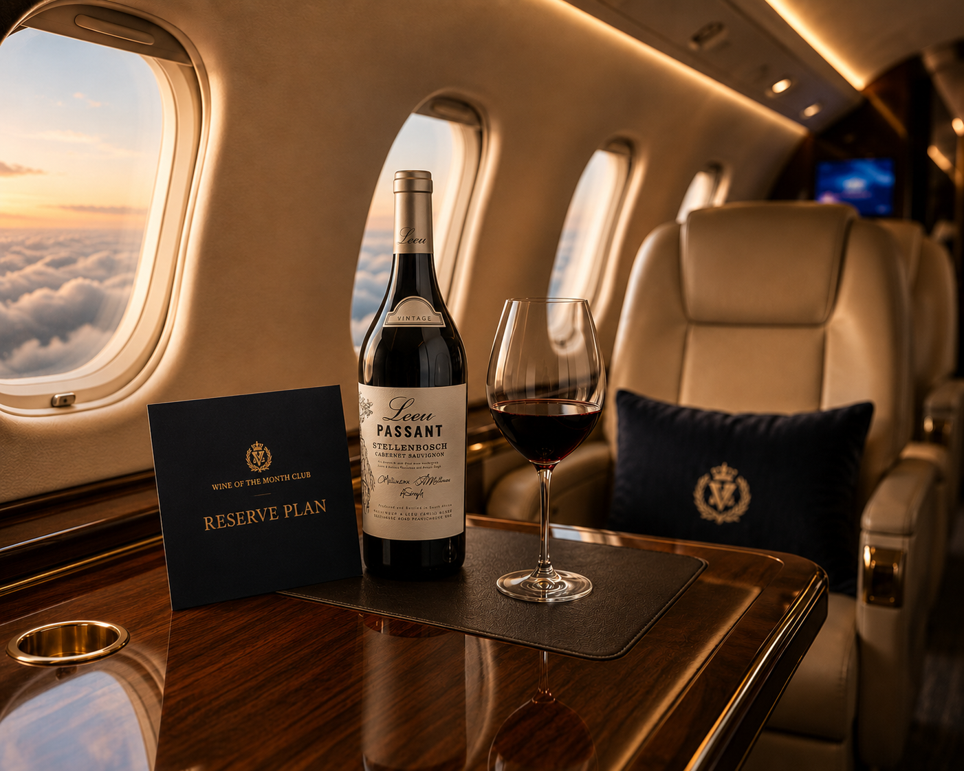 Reserve Plan Cabernet Sauvignon bottle on private jet table